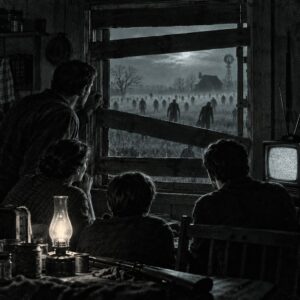Ilustración generada en blanco y negro: una familia observa por la ventana tapiada de una granja a una multitud de figuras que avanzan en un campo con niebla, junto a una lámpara de aceite y una tele con estática.