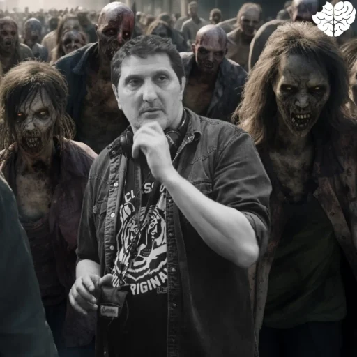 Gustavo Fernández director de Virus:32 en la portada el episodio 97 con zombis de fondo