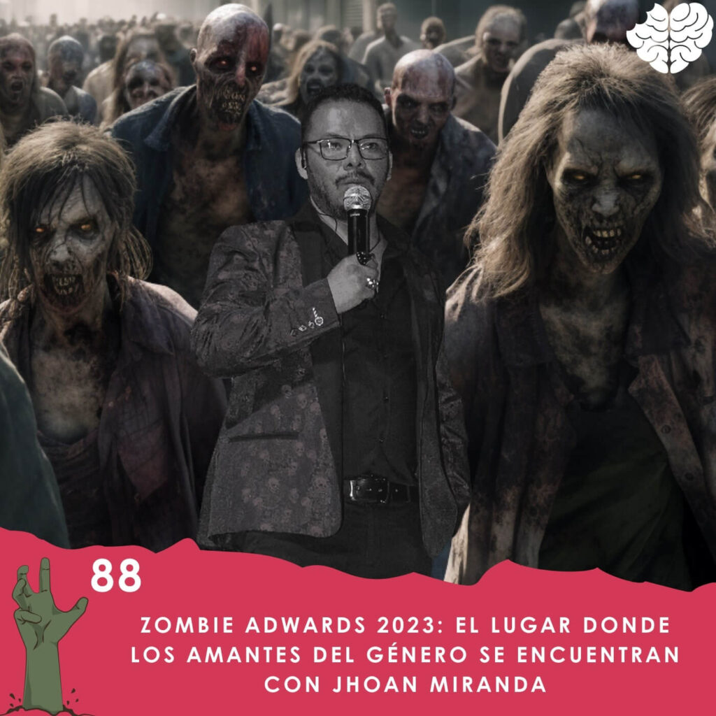Jhoan Miranda con un micrófono y rodeado de zombis