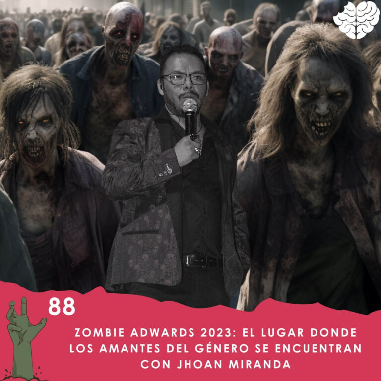 Jhoan Miranda con un micrófono y rodeado de zombis